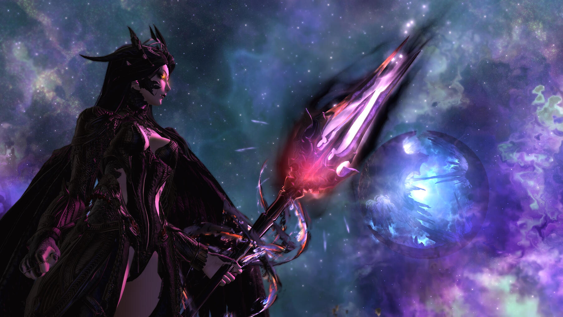 an au'ra woman with an ominous aura holding a lance