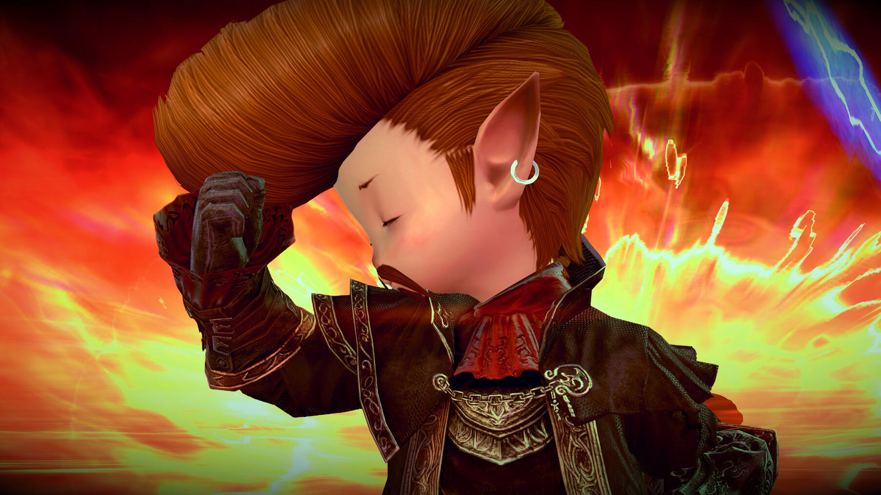 A male lalafel with a magnificent pompadour kisses his bicep while standing in front of an explosion