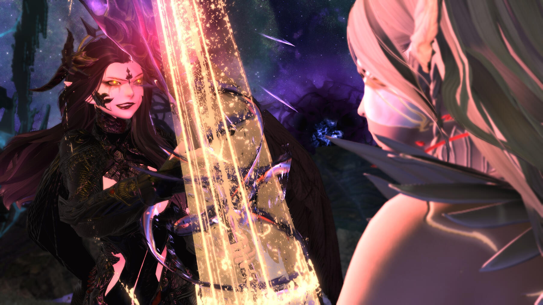 A female au'ra clad in black and a female hyur corrupted by light cross weapons