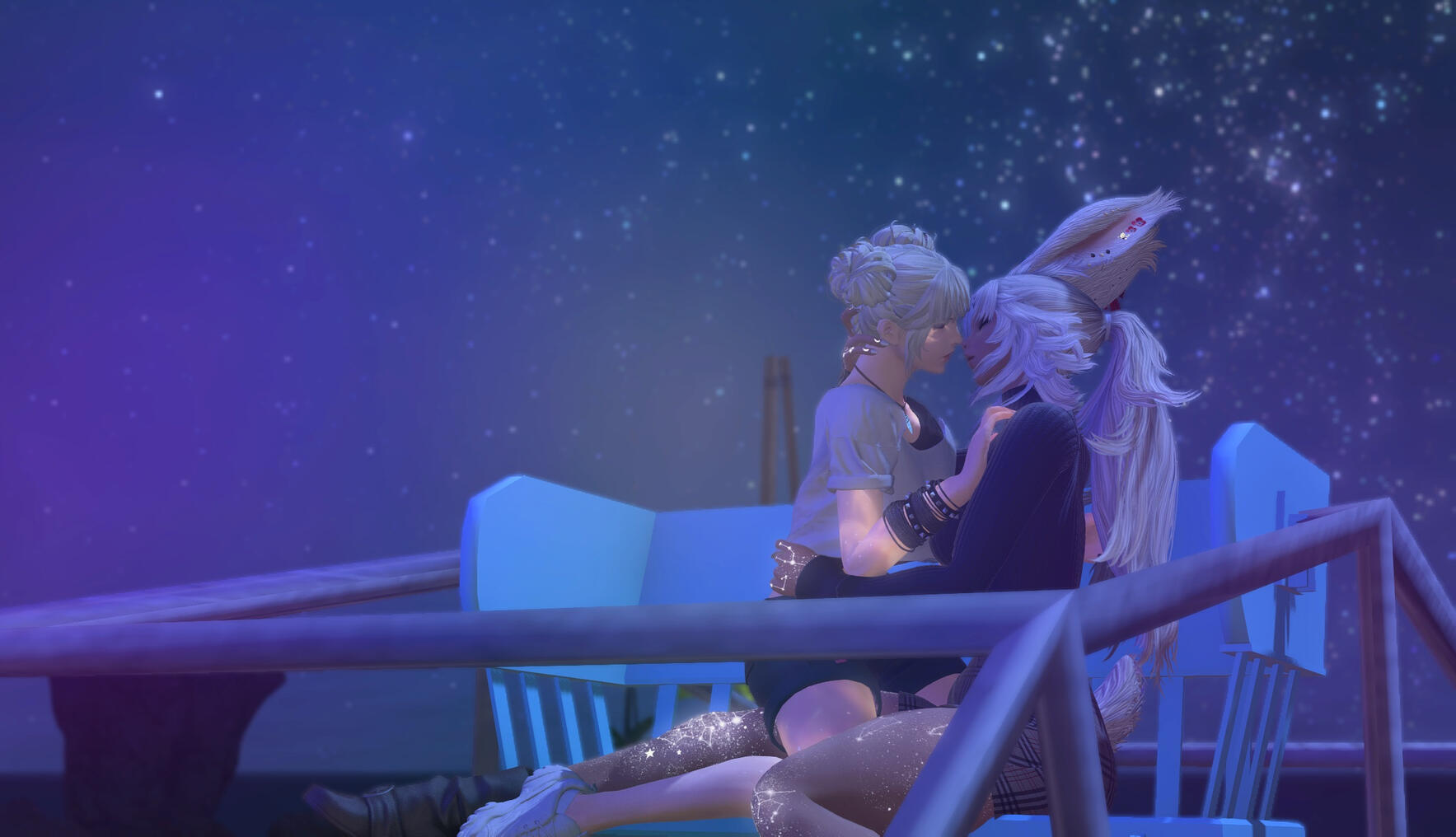 a female hyur and a female viera holding each other while sitting in a ferris wheel, about to kiss